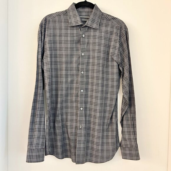 John Varvatos Men's Classic Fit Navy Blue Plaid Button Down Shirt 15.5, 34/35 - Picture 1 of 7